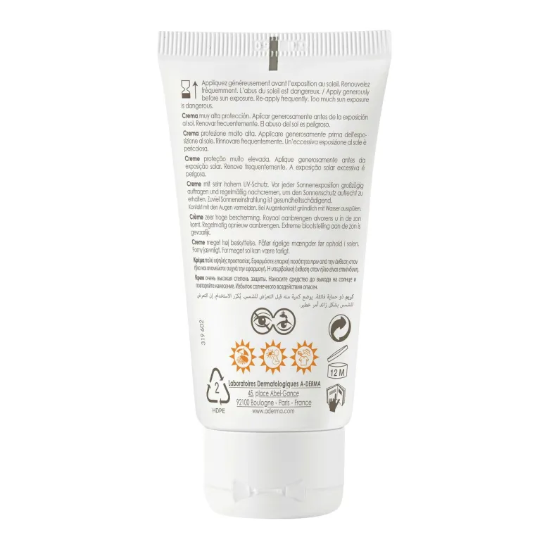 A-Derma Protect Crema protezione solare viso molto alta SPF50+ per pelli fragili secche 40ml