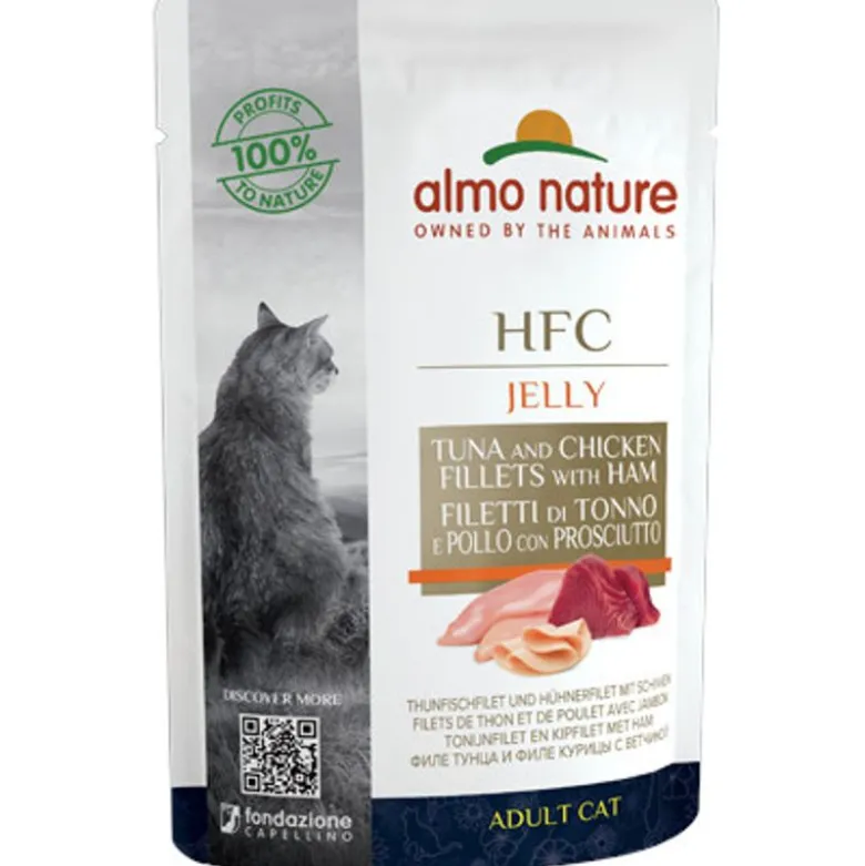 Almo Nature HFC Jelly Cibo Umido Filetto Di Tonno/Pollo Con Prosciutto Per Gatti Adulti 55g