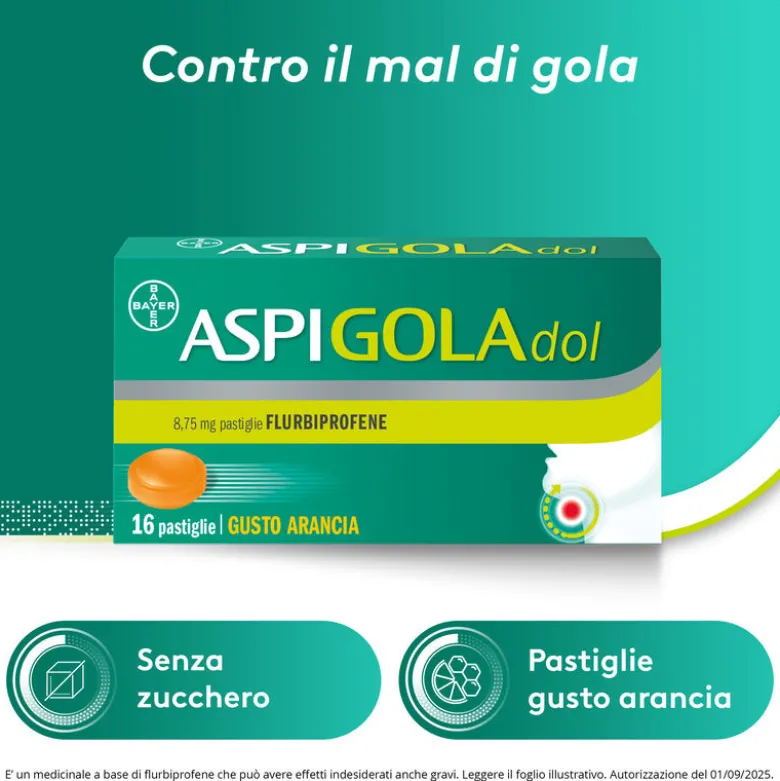 Aspi Gola Dol Caramelle Gola Antinfiammatorio per Mal di gola 16 Pastiglie Senza Zucchero Arancia