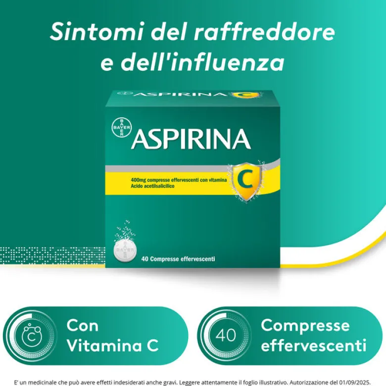 Aspirina C Antinfiammatorio Antidolorifico per Influenza Raffreddore e Febbre con Vitamina C 40 Cpr