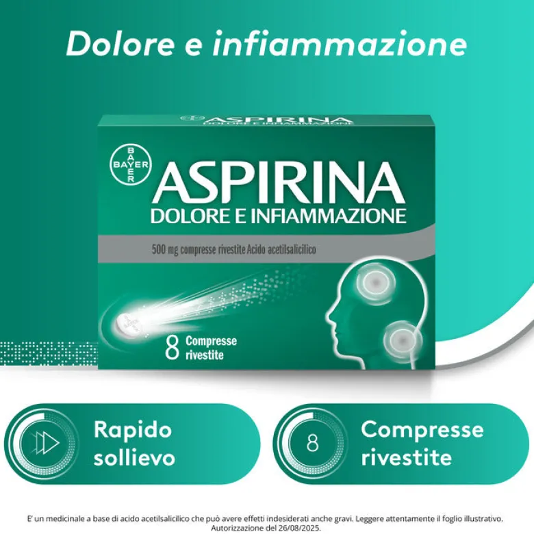 Aspirina Dolore e Infiammazione Antidolorifico Antinfiammatorio per Mal di Testa e Dolori 8 Cpr
