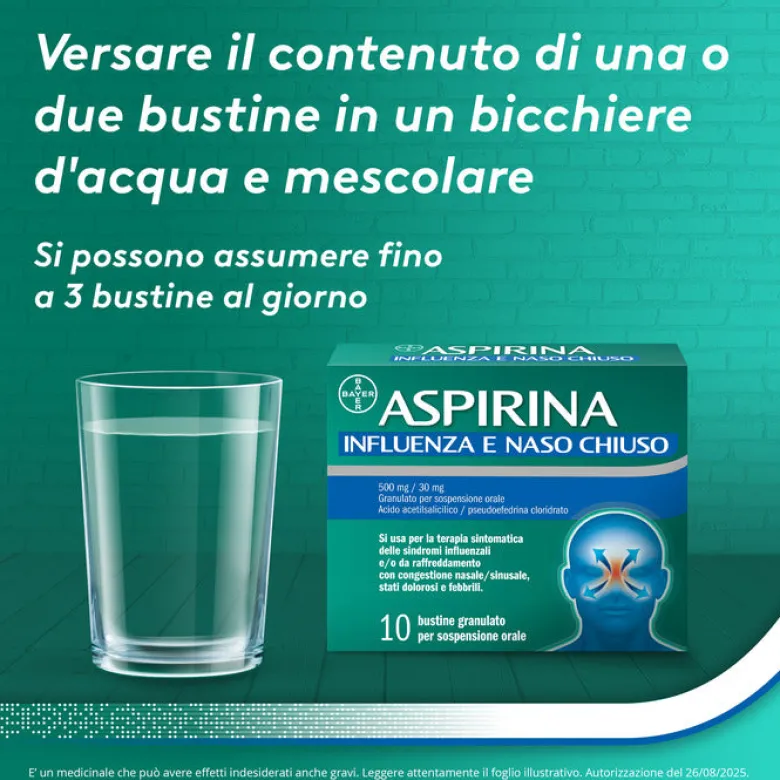 Aspirina Influenza e Naso Chiuso Antidolorifico Decongestionante contro Sintomi Influenzali 10 Buste