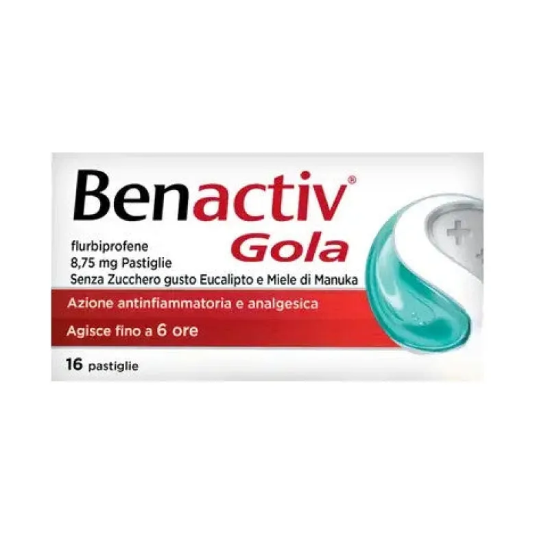 Benactiv Gola per il Mal di Gola 16 Pastiglie Gusto Miele Di Manuka E Eucalipto Senza Zucchero