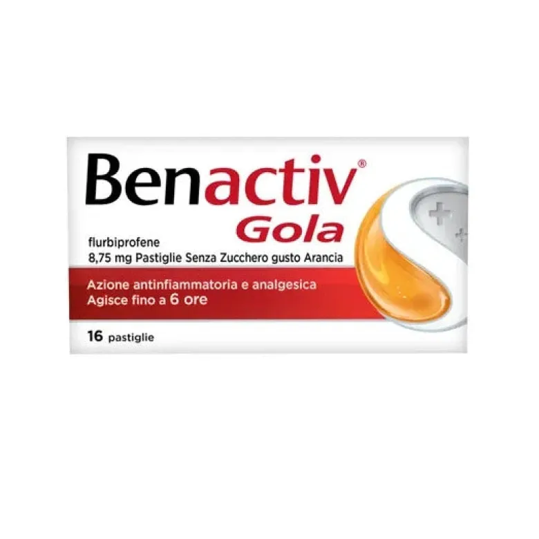 Benactiv Gola per il Mal di Gola 16 Pastiglie Gusto Arancia Senza Zucchero