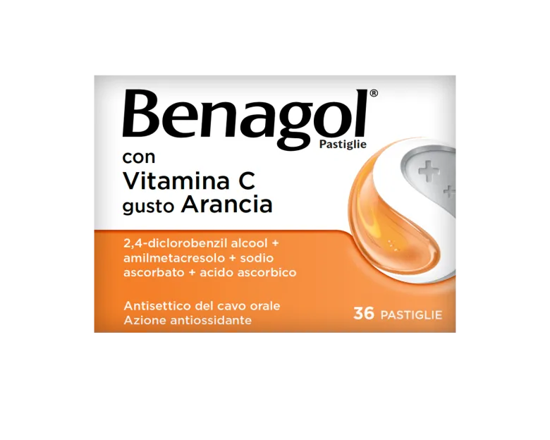 Benagol Antisettico per Bocca e Gola 36 Pastiglie Vit C Gusto Arancia