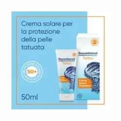 Bepanthenol Tattoo Crema Protezione Solare Molto Alta SPF50+ Per Tatuaggio Con Pantenolo 50ml