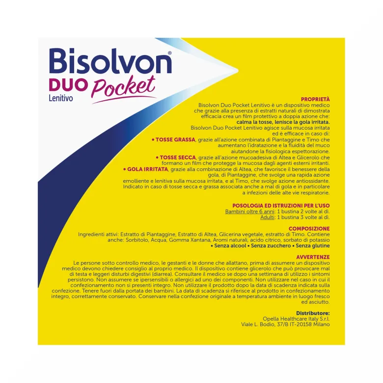Bisolvon Duo Pocket Lenitivo Sciroppo in Bustina Contro Tosse e Gola Irritata Adulti Bambini 12 Bustine Monodose