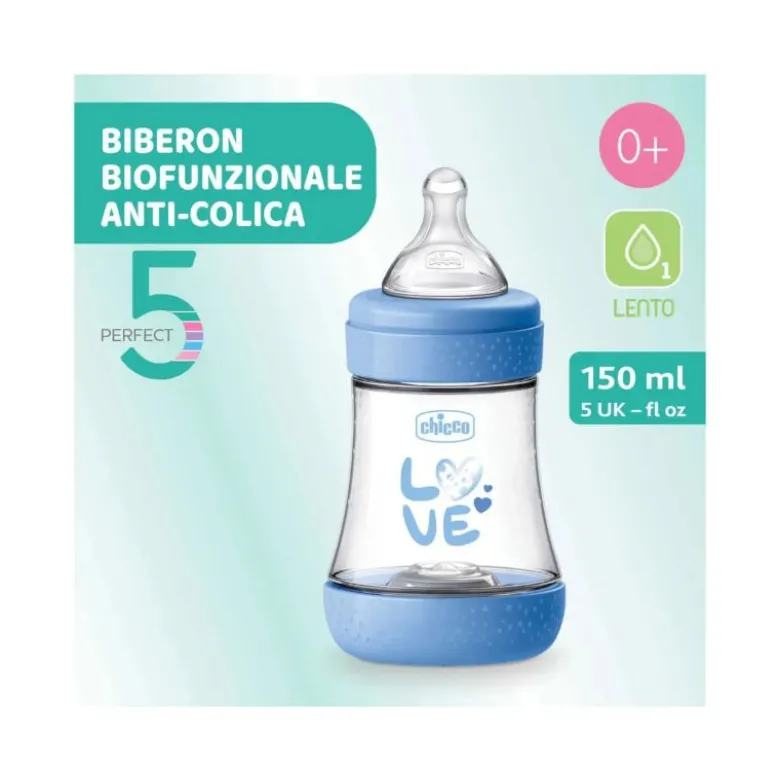 Chicco Biberon Neonato Perfect 5 Biberon Azzurro Flusso Lento 150 ml 0Mesi+