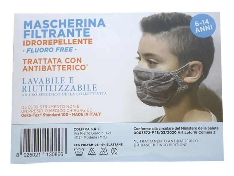 Colipra Mascherina Filtrante Idrorepellente Lavabile 6-14 Anni Bambino colore grigio 1 pezzo