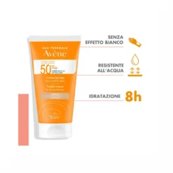 Crema colorata SPF 50+ viso e collo, indicata per pelli secche e sensibili soggette a scottature, offre una protezione solare motlo alta (UVA-UVB, luce blu visibile ad alta energia) e una sensazione di comfort immediato.
