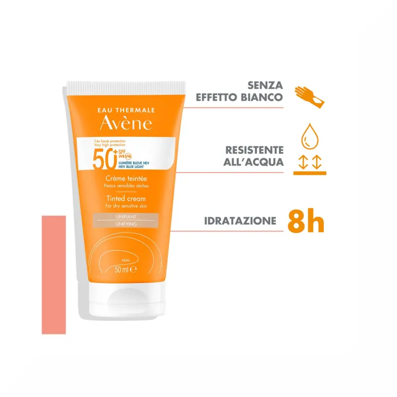 Crema colorata SPF 50+ viso e collo, indicata per pelli secche e sensibili soggette a scottature, offre una protezione solare motlo alta (UVA-UVB, luce blu visibile ad alta energia) e una sensazione di comfort immediato.