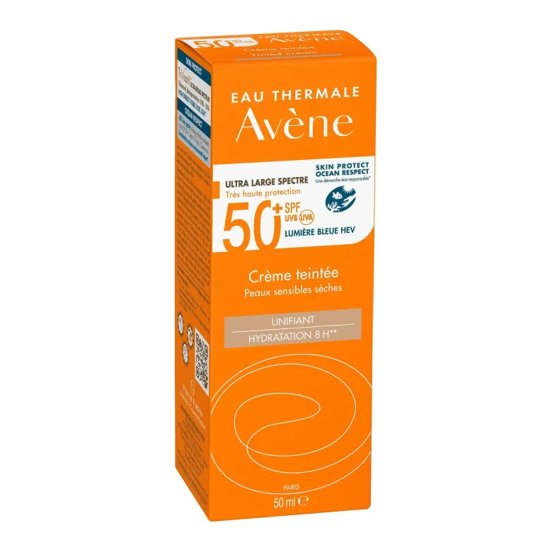 Crema colorata SPF 50+ viso e collo, indicata per pelli secche e sensibili soggette a scottature, offre una protezione solare motlo alta (UVA-UVB, luce blu visibile ad alta energia) e una sensazione di comfort immediato.