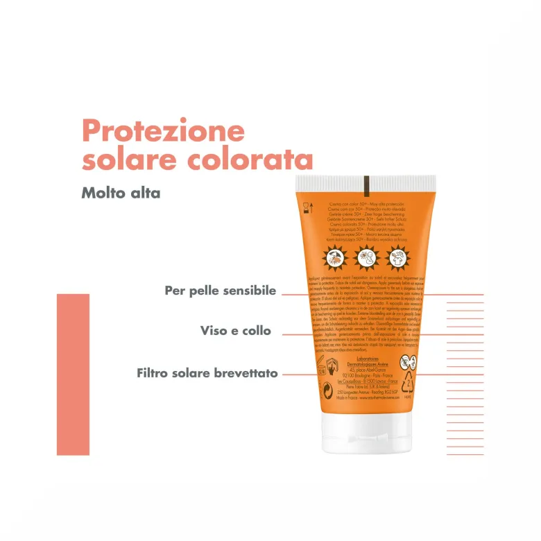 Crema colorata SPF 50+ viso e collo, indicata per pelli secche e sensibili soggette a scottature, offre una protezione solare motlo alta (UVA-UVB, luce blu visibile ad alta energia) e una sensazione di comfort immediato.