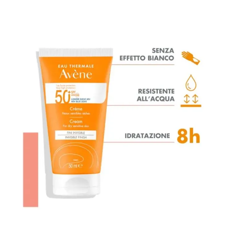 Crema SPF 50+ viso e collo, con profumo, indicata per pelli secche e sensibili soggette a scottature, offre una protezione solare motlo alta (UVA-UVB, luce blu visibile ad alta energia) e una sensazione di comfort immediato.