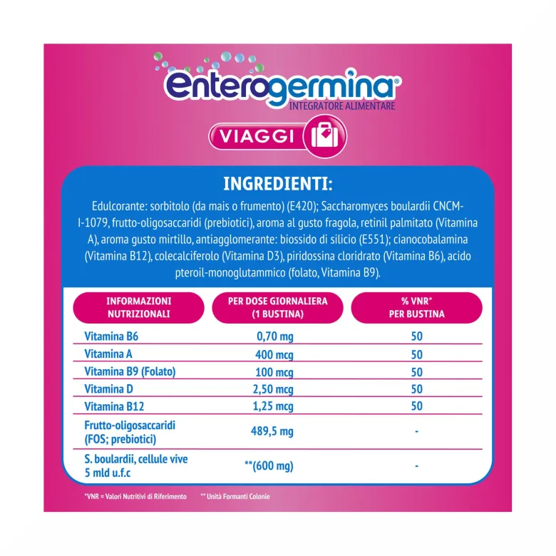 Enterogermina Viaggi Regolarità Intestinale Probiotici Vitamina A B12 B6 B9 e Vitamina D 12 Bustine