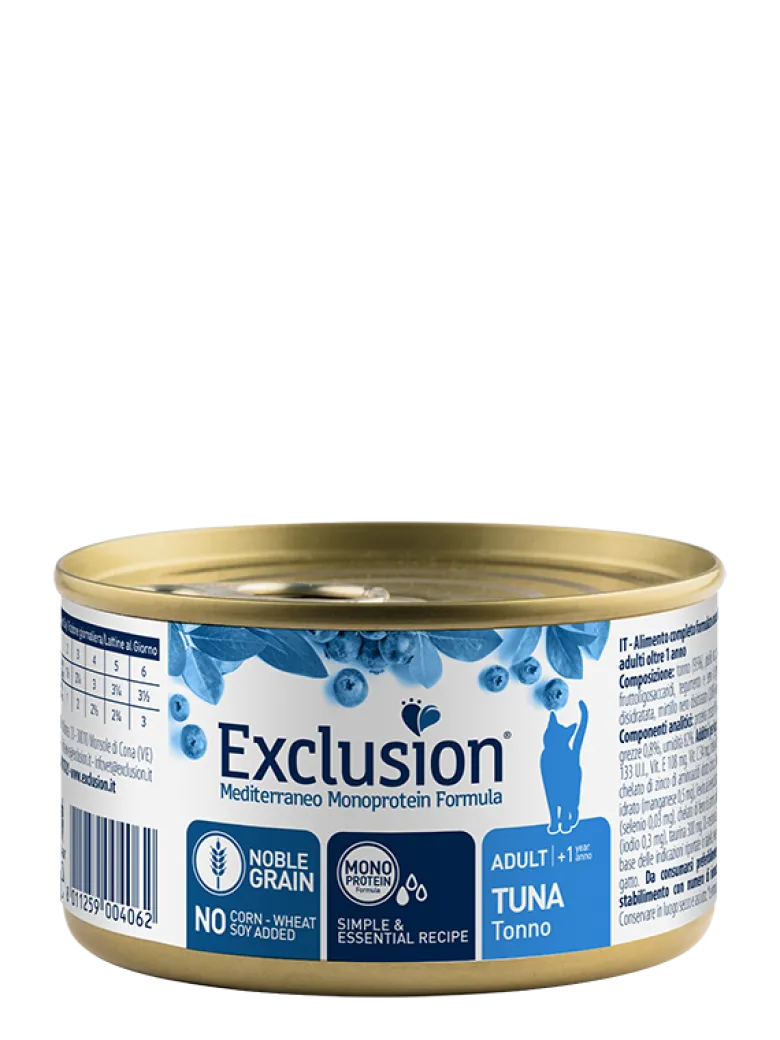 Exclusion Mediterraneo Monoprotein Noble Grain Umido Per Gatti Adulti Al Tonno Lattina 85g