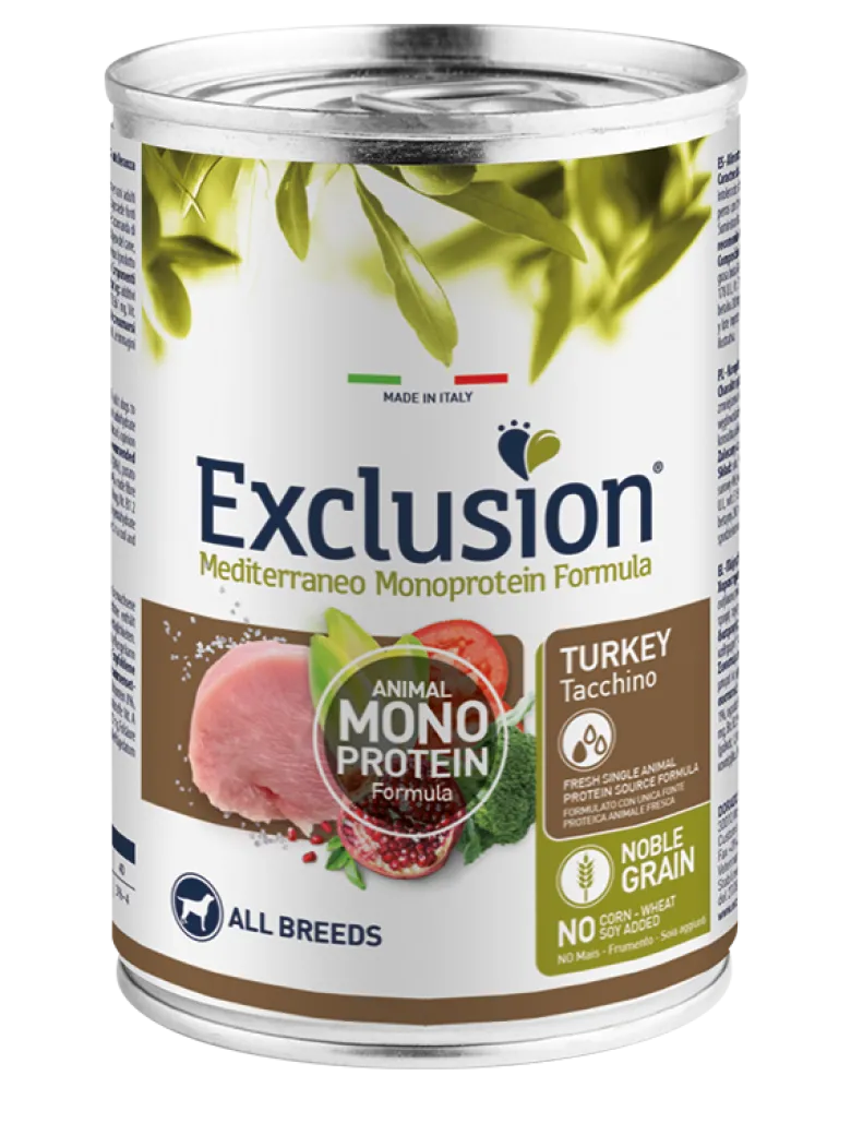 Exclusion Mediterraneo Monoprotein Noble Grain Umido Al Tacchino Per Cani Lattina 400g