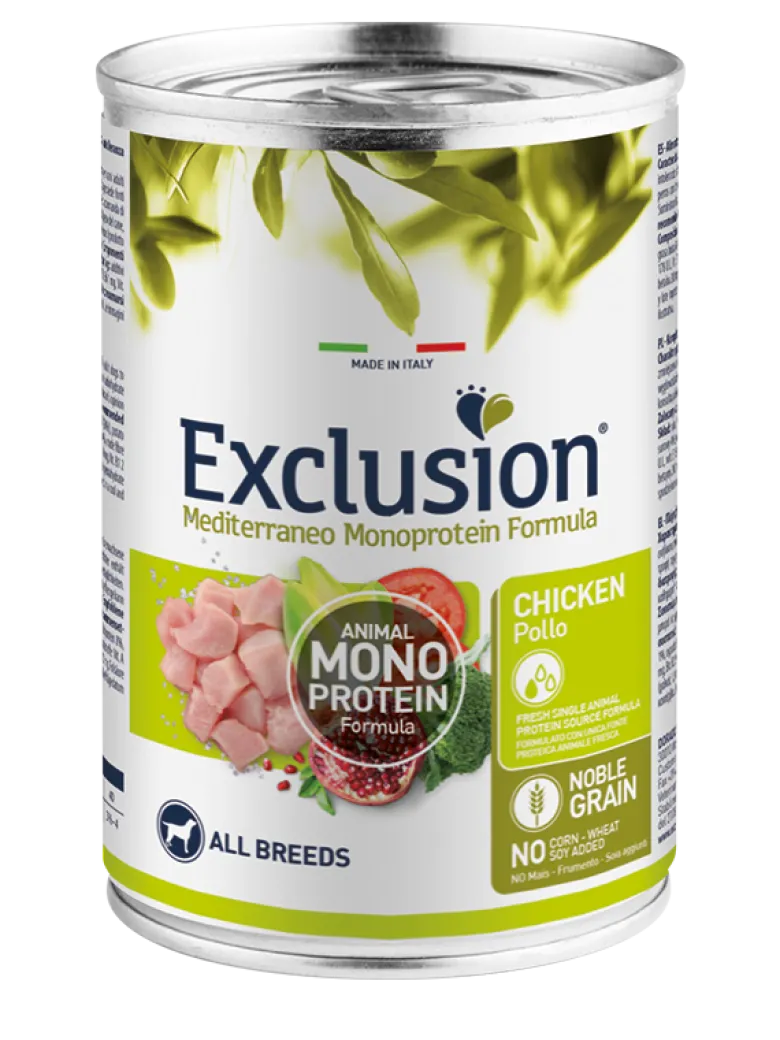 Exclusion Mediterraneo Monoprotein Noble Grain Umido Al Pollo Per Cani Lattina 400g