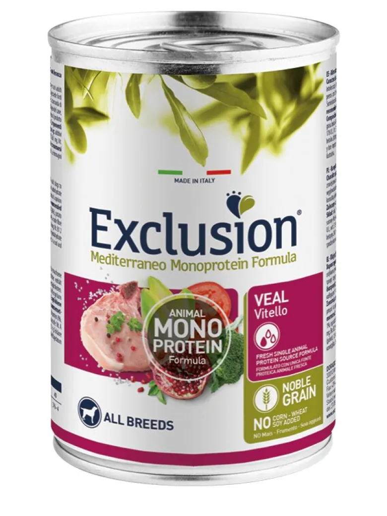 Exclusion Mediterraneo Monoprotein Noble Grain Umido Vitello Cani Adulti Lattina 400g