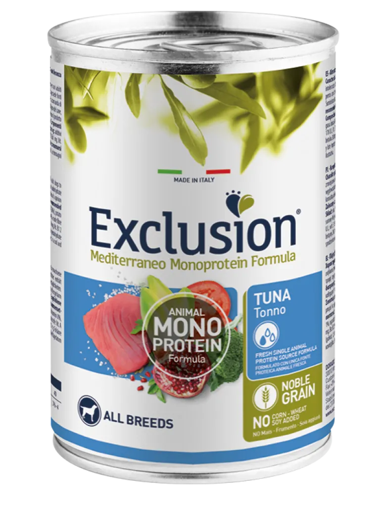Exclusion Mediterraneo Monoprotein Noble Grain Umido Al Tonno Per Cani Lattina 400g