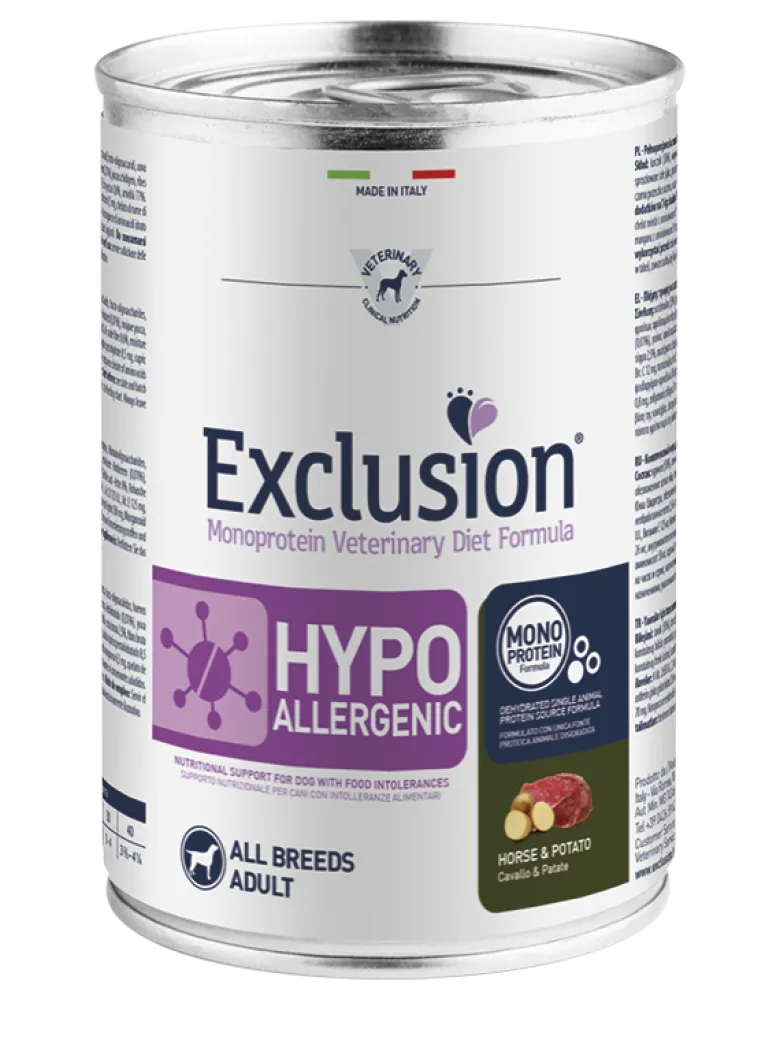 Exclusion Veterinary Diet Formula Hypoallergenic Per Cani Cavallo/Patate Lattina 400g