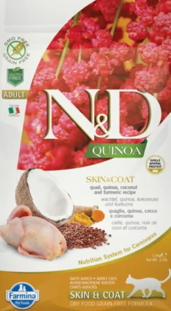 Farmina Natural & Delicious Quinoa Skin & Coat Quaglia Grain Free Cibo Secco Per Gatti 1,5kg