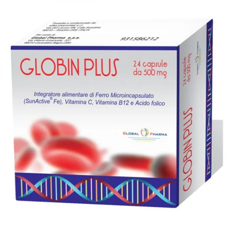 Globin Plus Integratore di ferro, vitamina C, B12 e Acido Folico 24 capsule da 500 mg