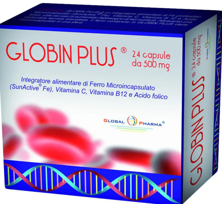 Globin Plus Integratore di ferro, vitamina C, B12 e Acido Folico 24 capsule da 500 mg