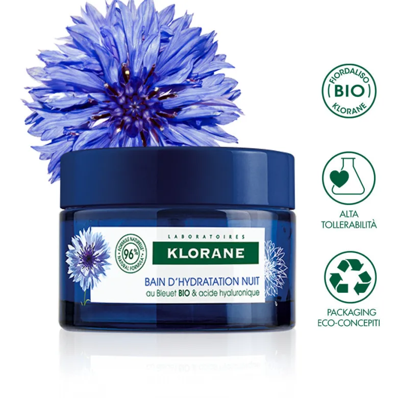 Klorane Bagno d'idratazione Notte al Fiordaliso BIO e acido ialuronico di origine vegetale 50ml