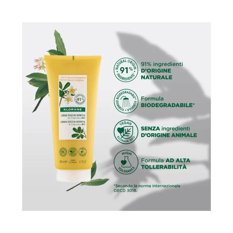 Klorane Crema doccia nutritiva al burro di Cupuacu BIO Profumazione FIORI DI FRANGIPANE 200ml