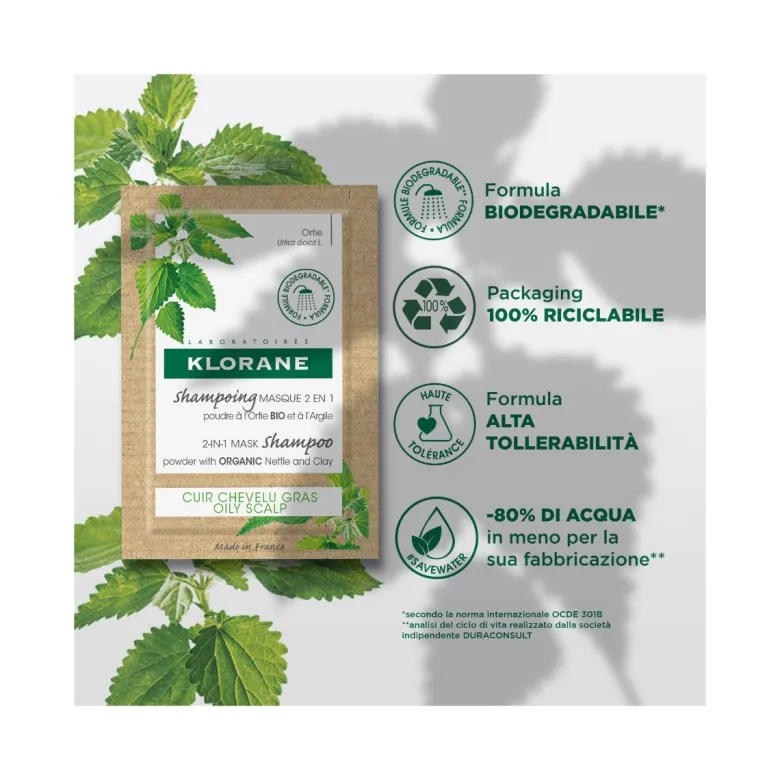 Klorane Shampoo maschera 2 in 1 Polvere all'Ortica BIO e all'Argilla cuoio capelluto grasso 24g