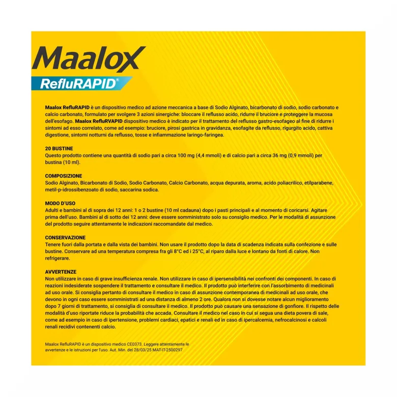 Maalox Reflurapid Blocca il Reflusso Neutralizza il Bruciore da Iperacidità 20 Bustine