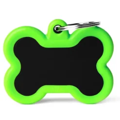 Medaglietta Per Cani E Gatti Personalizzata Osso In Alluminio Nero Con Gomma Verde