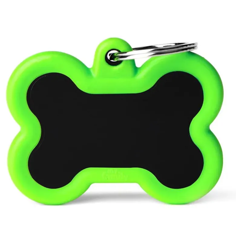 Medaglietta Per Cani E Gatti Personalizzata Osso In Alluminio Nero Con Gomma Verde