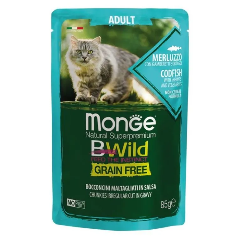 Monge B Wild Grain Free Merluzzo Gamberetti E Ortaggi Cibo Umido Per Gatti Adulti 85g