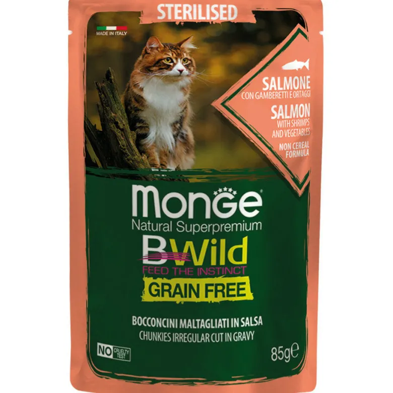 Monge B Wild Grain Free Salmone Gamberetti Con Ortaggi Cibo Umido Per Gatti Sterilizzati 85g
