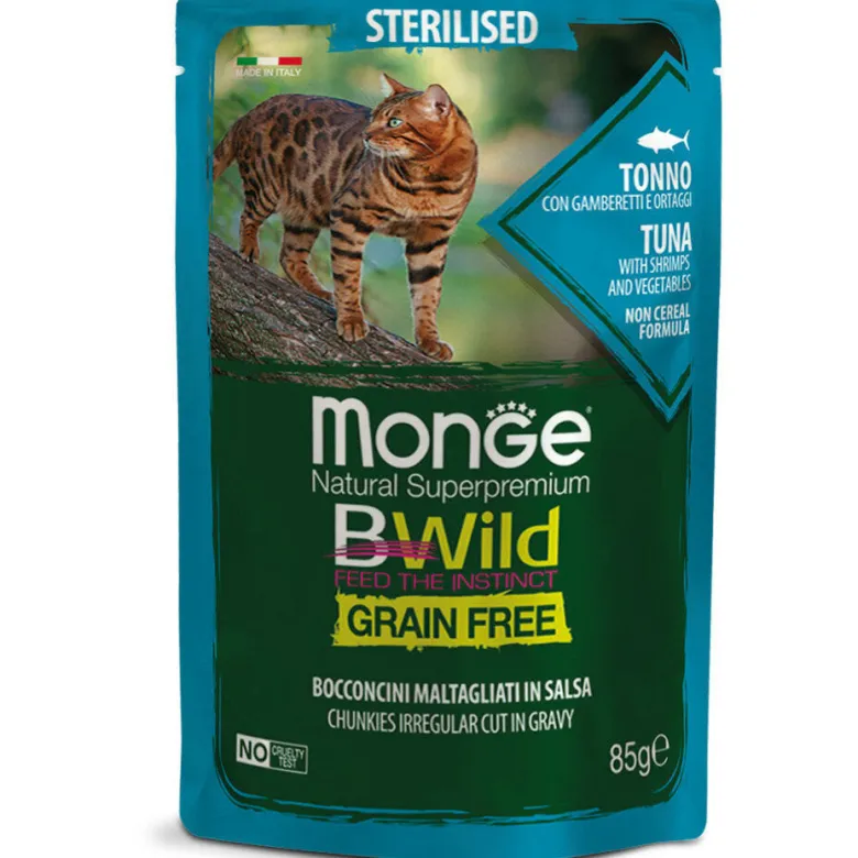 Monge B Wild Grain Free Tonno Gamberetti Ortaggi Cibo Umido Per Gatti Sterilizzati 85g