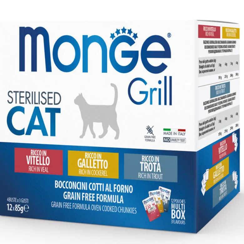 Monge Grill Sterilised Multibox Mix Vitello Galletto Trota Per Gatti Sterilizzati 12 Bustine