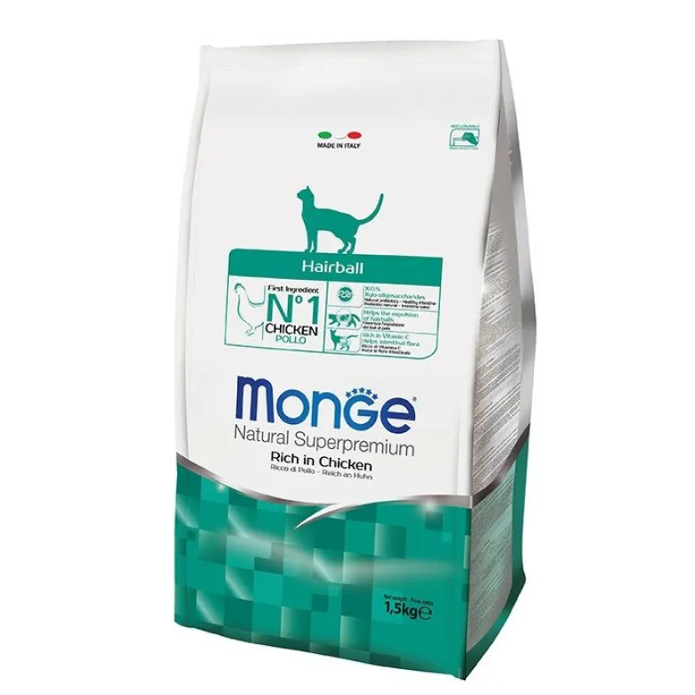 Monge Ricco Di Pollo Hairball Cibo Secco Gatti Adulti Sacco 1,5 Kg