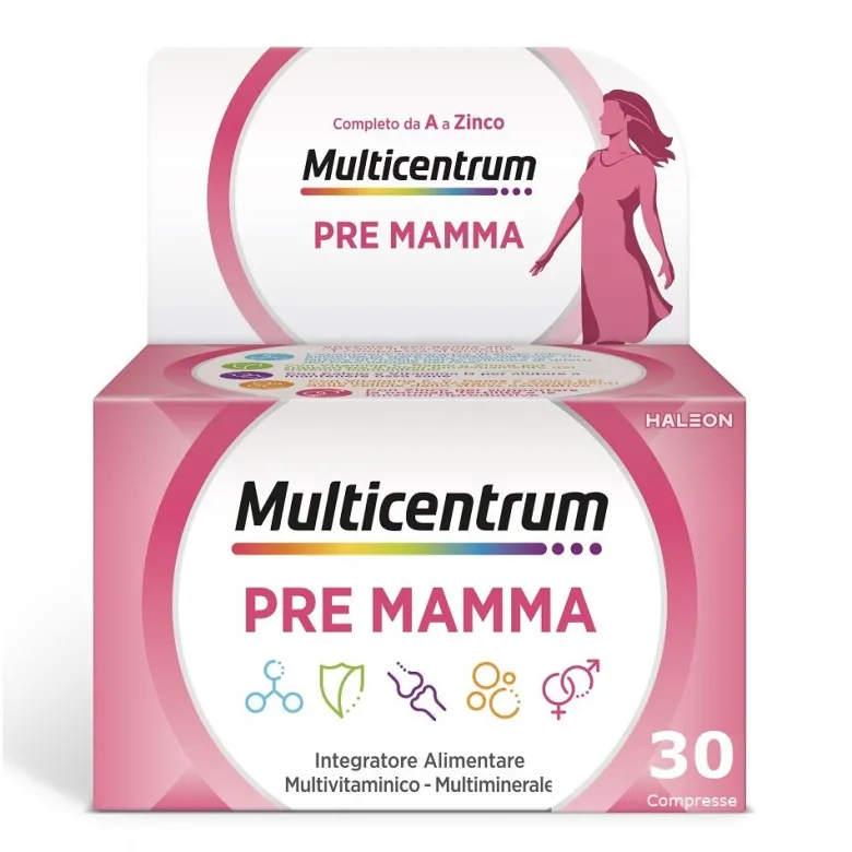 Multicentrum Pre-Mamma Integratore Alimentare Multivitaminico Acido Folico Calcio Vitamina D E 30Cpr