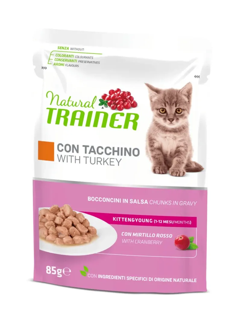 Natural Trainer Gatto Kitten & Young con Tacchino Bocconcini in Salsa 85g
