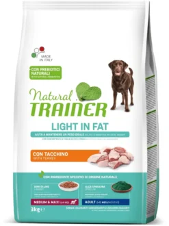 Natural Trainer Light In Fat Crocchette Tacchino Per Cani Adulti Taglia Media/Grande 3kg