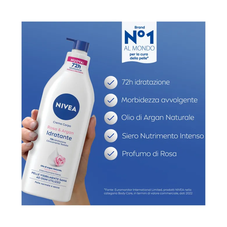 Nivea Crema Corpo Idratante Rosa & Argan Idratante 72h Profumata Alla Rosa 500ml