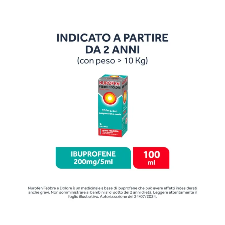 Nurofen Febbre e Dolore Bambini 200 mg/5 ml Ibuprofene Indicato per Febbre Dolori ai Denti e Muscolari Sospensione Orale Fragola 100 ml