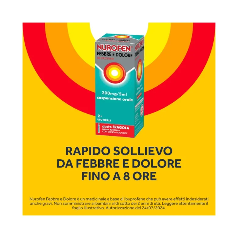 Nurofen Febbre e Dolore Bambini 200 mg/5 ml Ibuprofene Indicato per Febbre Dolori ai Denti e Muscolari Sospensione Orale Fragola 100 ml