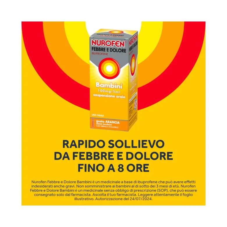 Nurofen Febbre e Dolore Bambini 100 mg/5 mlIbuprofene Indicato per Febbre Dolori ai Denti e Muscolari Sospensione Orale Arancia 150 ml