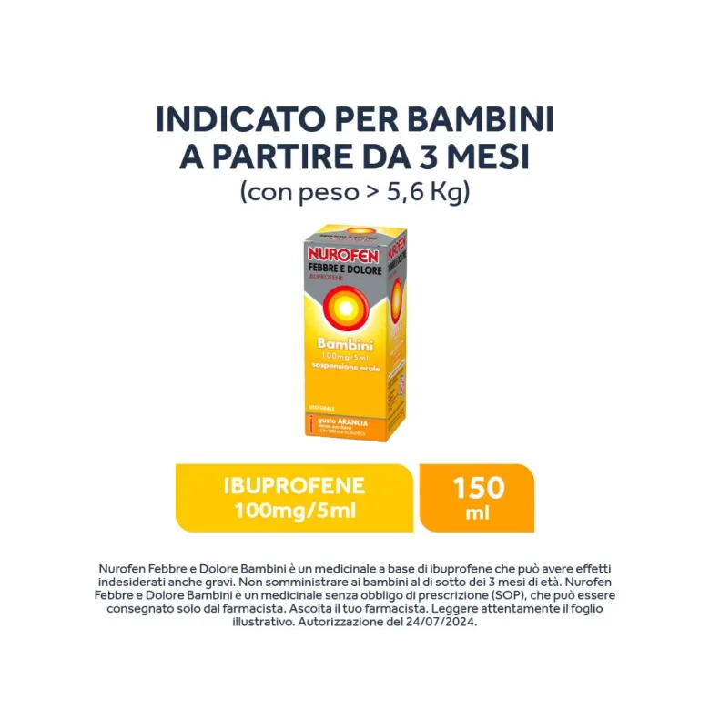 Nurofen Febbre e Dolore Bambini 100 mg/5 mlIbuprofene Indicato per Febbre Dolori ai Denti e Muscolari Sospensione Orale Arancia 150 ml