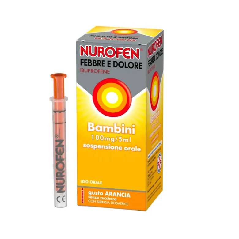 Nurofen Febbre e Dolore Bambini 100 mg/5 mlIbuprofene Indicato per Febbre Dolori ai Denti e Muscolari Sospensione Orale Arancia 150 ml