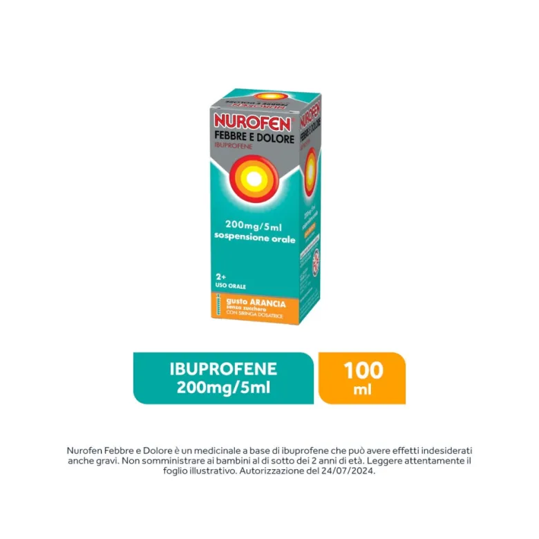 Nurofen Febbre e Dolore Bambini 200 mg/5 ml Ibuprofene Indicato per Febbre Dolori ai Denti e Muscolari Sospensione Orale Arancia 100 ml