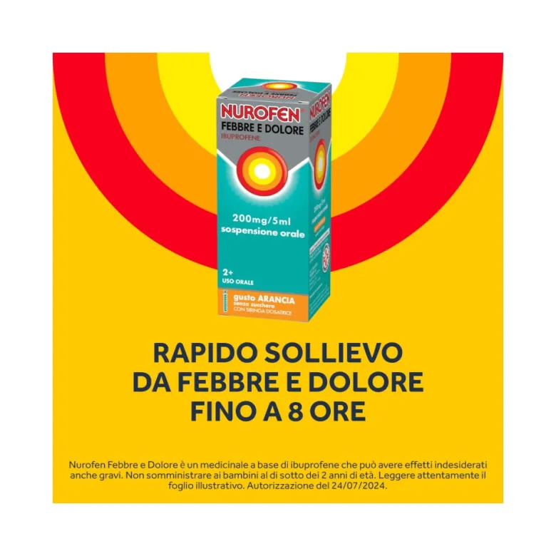 Nurofen Febbre e Dolore Bambini 200 mg/5 ml Ibuprofene Indicato per Febbre Dolori ai Denti e Muscolari Sospensione Orale Arancia 100 ml